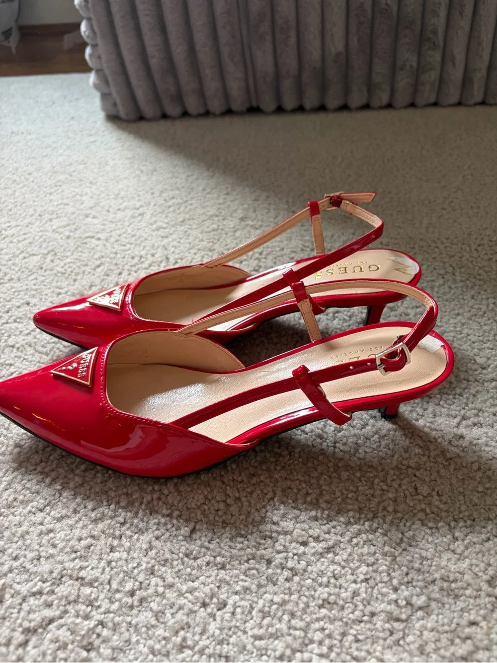 GUESS Red Patent Pointed Slingback Flats with Logo Accent
